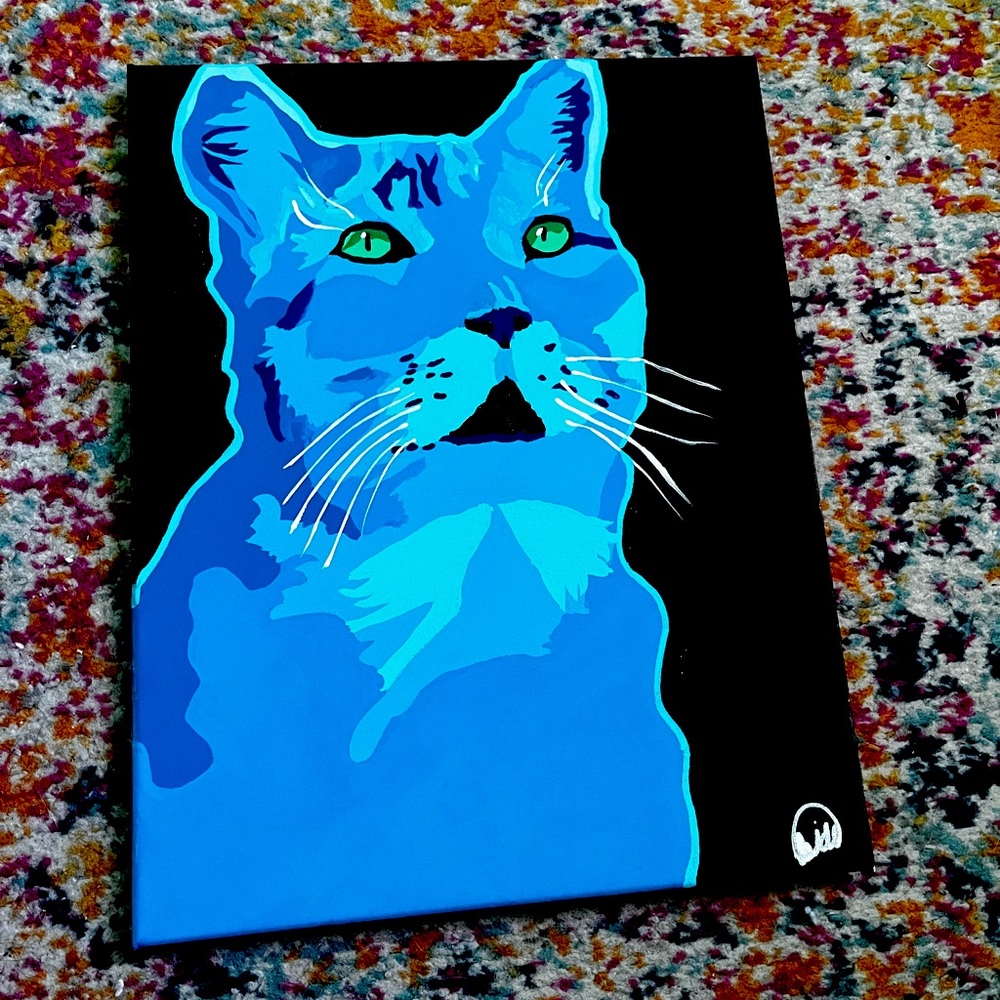 Blue cat acrylic painting on canvas
